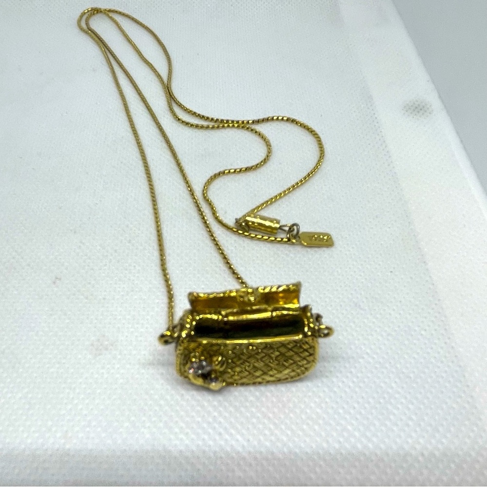 1928 Goldweave and Rhinestone Flower Purse Pendant Charm Necklace - Picture 7 of 9
